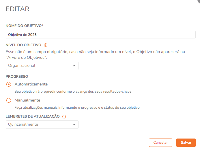 Pop-up de edição do objetivo