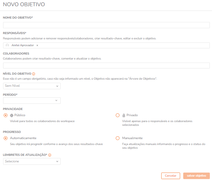 Pop-up de criação de objetivo com campos para preenchimento