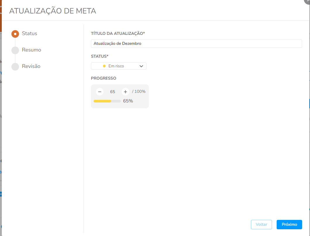 Pop-up de atualização do objetivo