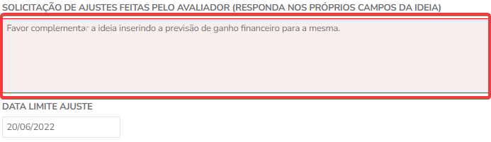 Quadro de solicitação de ajuste na página da ideia