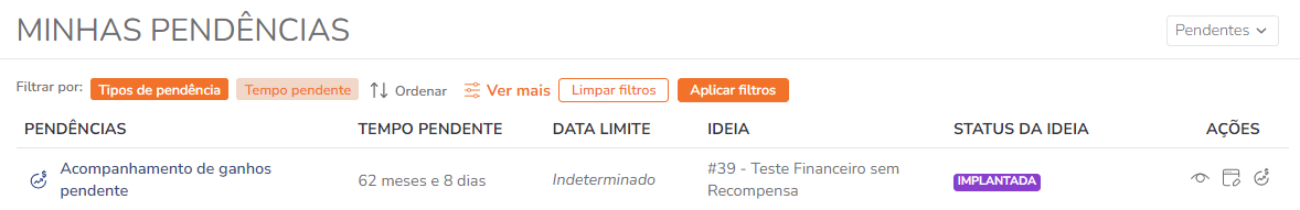 Tela de acompanhamento de ganhos com colunas