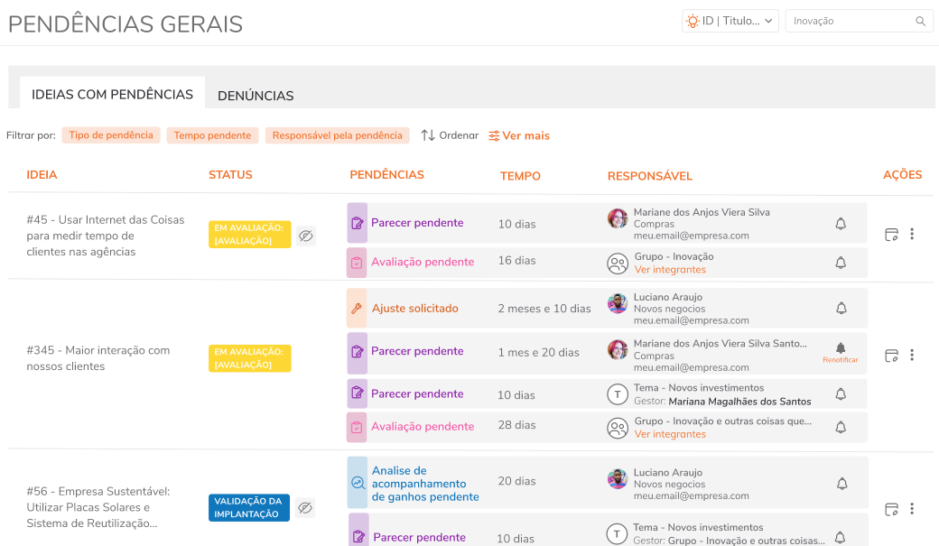 Visão geral de Pendências Gerais
