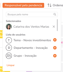Filtro por responsável pela pendência (usuário/grupo/tema/departamento)