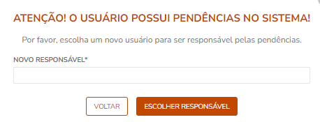 Popup de inativação e escolha de responsável