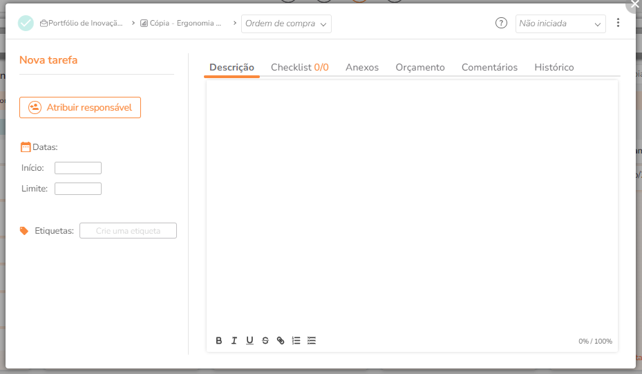 Modal de tarefa com informações e campos