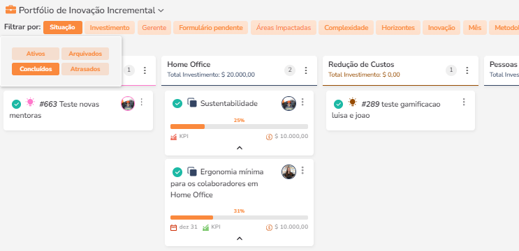 Filtros para projetos concluídos ou arquivados