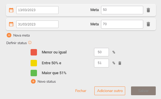 Configuração de status por porcentagem para metas do KPI