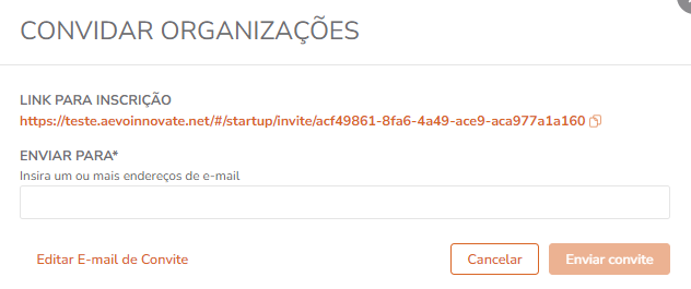 Pop-up de convite com campos para destinatários e template