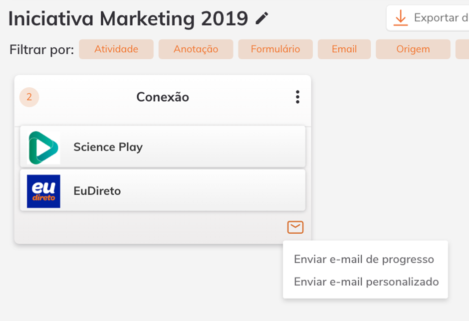 Ícone de envelope na etapa e opções de envio