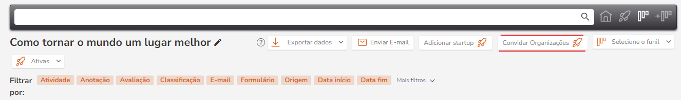 Botão Convidar Organização na barra superior do funil