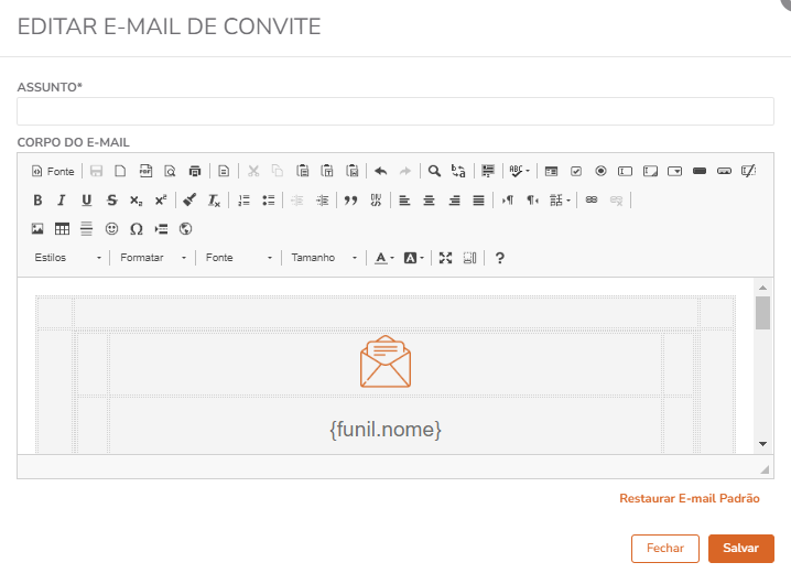 Modal de edição do template de convite