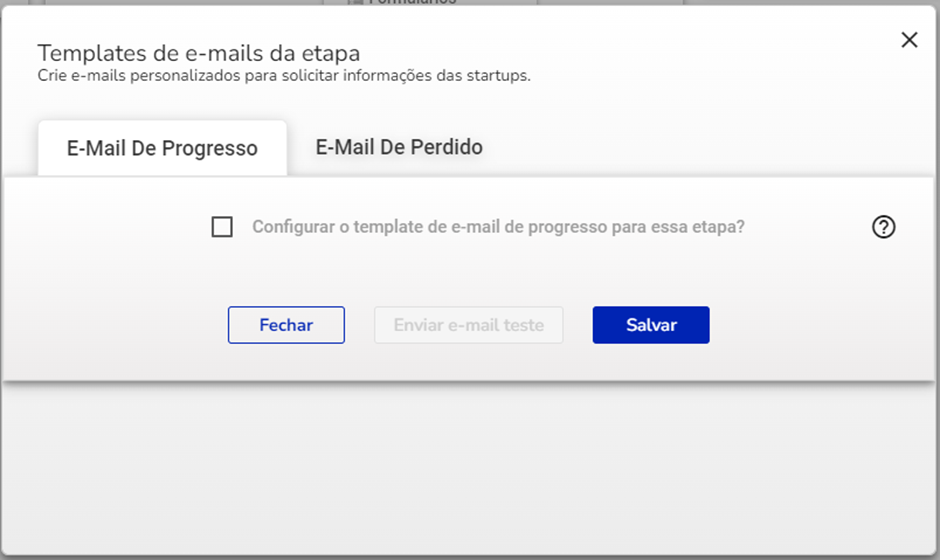 Modal de configuração do template de e-mail de progresso e perdido