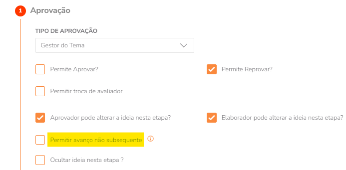 Configuração Permitir avanço não subsequente na etapa de aprovação