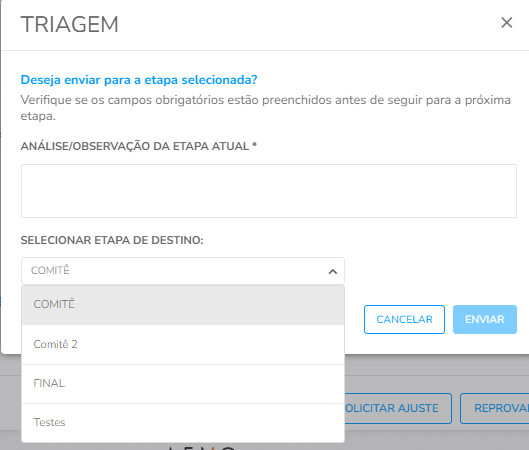 Pop-up para escolher etapa subsequente ao avançar etapa