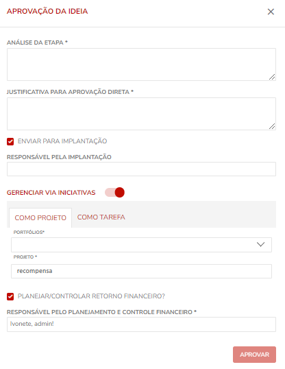 Modal de Aprovação da Ideia