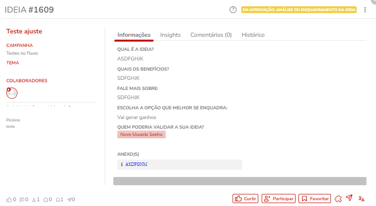 Modal da ideia aberto a partir de Minhas Pendências