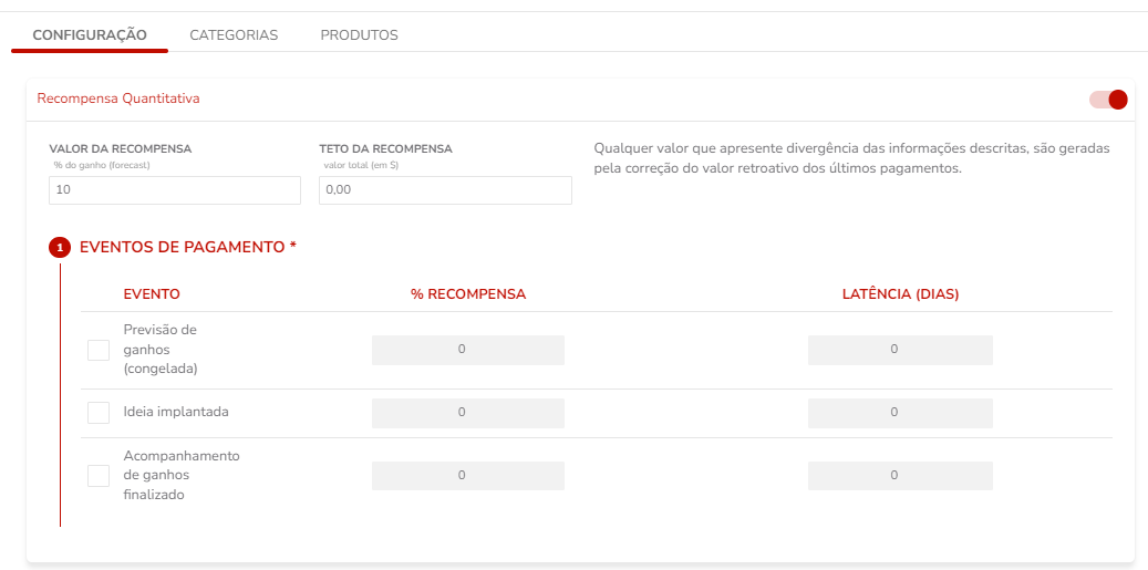 Configuração Valor da Recompensa e Teto da Recompensa