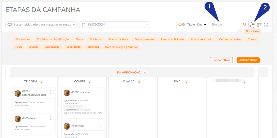 Kanban com ideias distribuídas por etapas