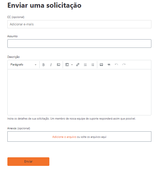 Formulário de envio de solicitação na Zendesk