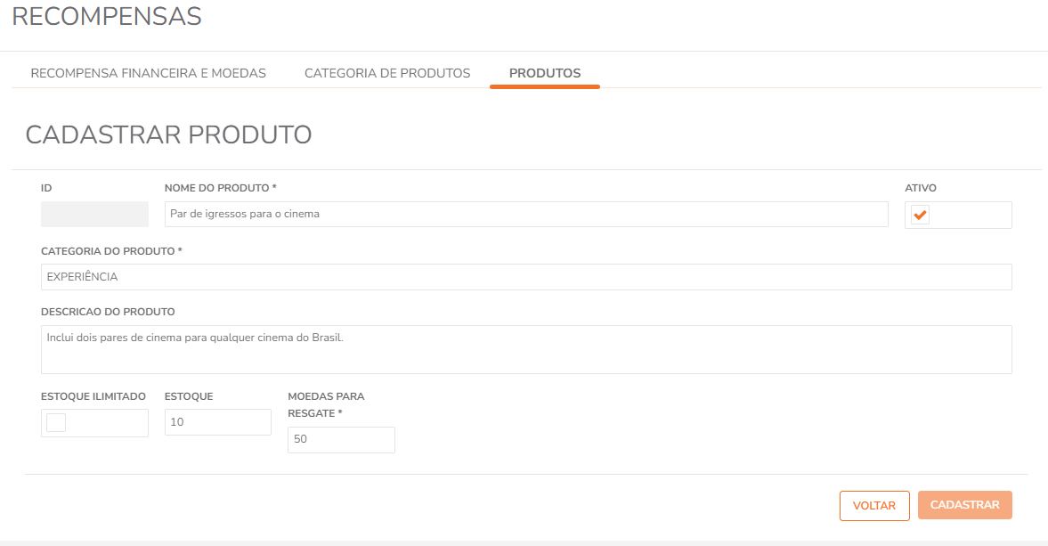 Formulário para cadastro de produto na vitrine