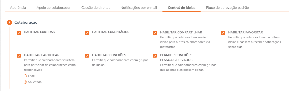 Configurações de colaboração na Central de Ideias