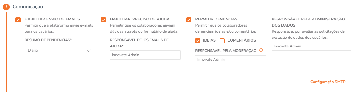 Configurações de comunicação e responsáveis