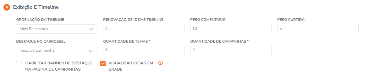 Configurações de exibição da timeline