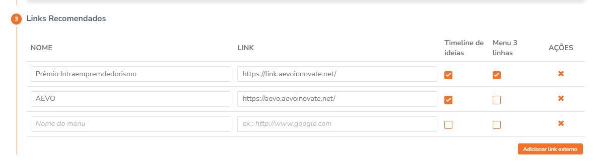 Configuração de links externos exibidos na timeline