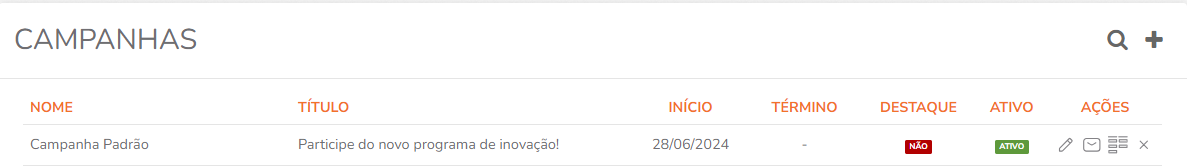 Listagem de campanhas e ações