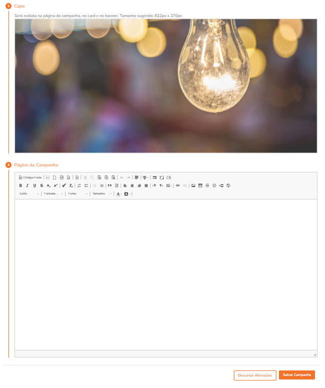 Painel de edição da capa da campanha