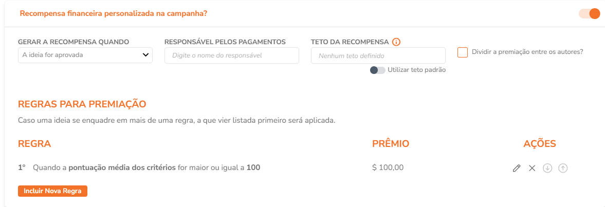 Configuração de recompensa financeira variável