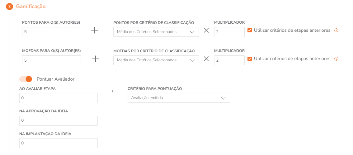 Configuração de gamificação por etapa