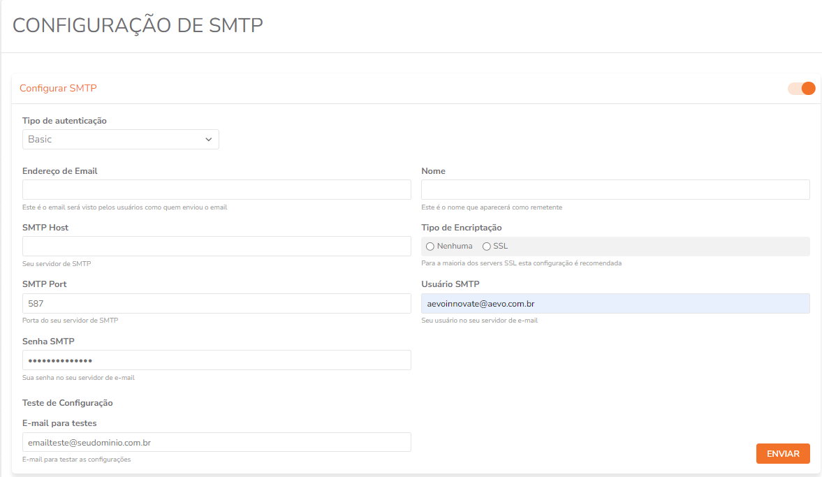 Painel com os campos de configuração SMTP