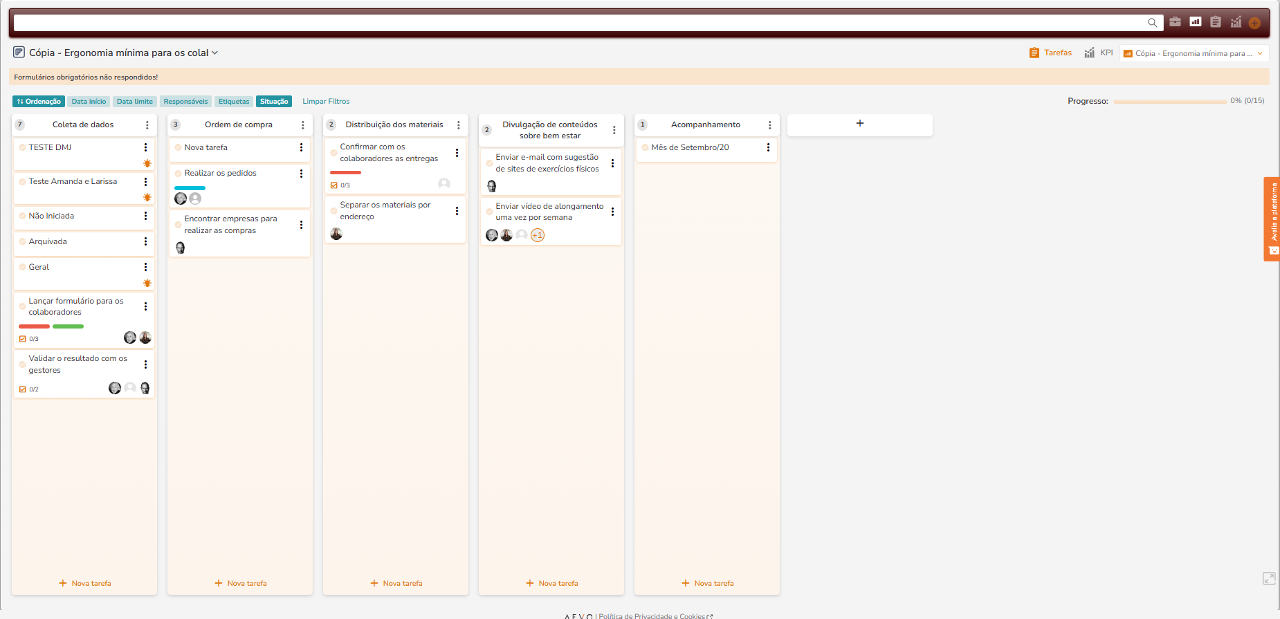 Kanban do projeto mostrando tarefas e etapas