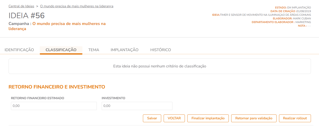 Visual da aba quando não há critérios