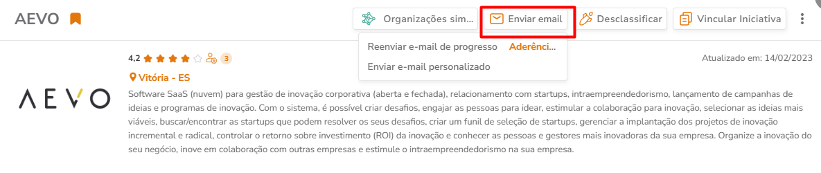 Botão Enviar E-mail no modal da startup