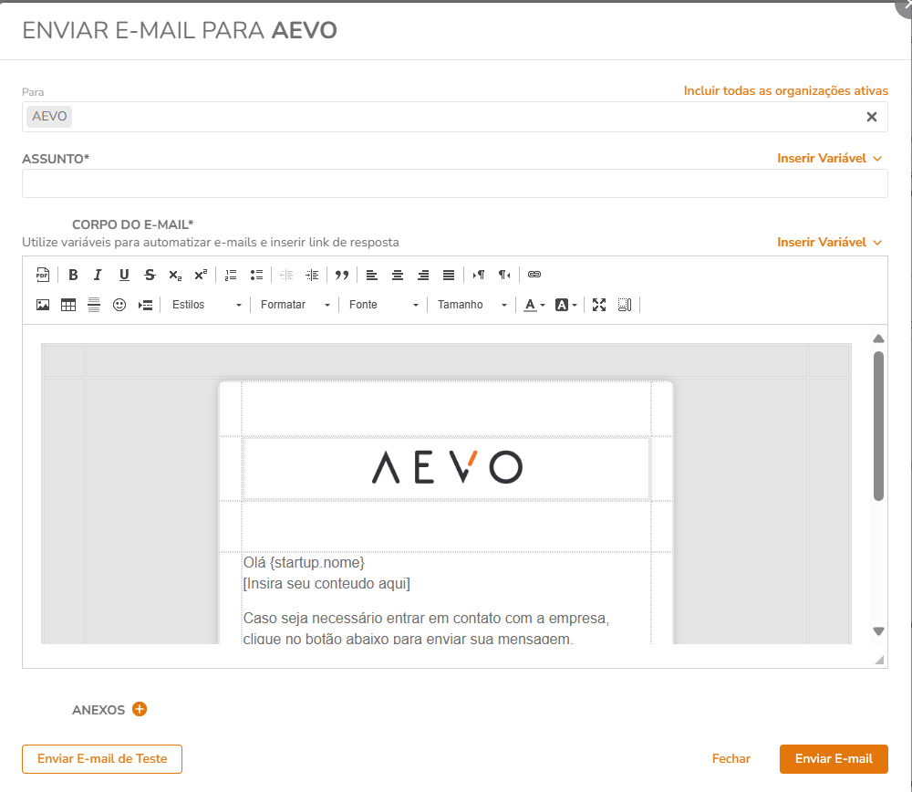 Modal de envio com opção Incluir todas as startups ativas