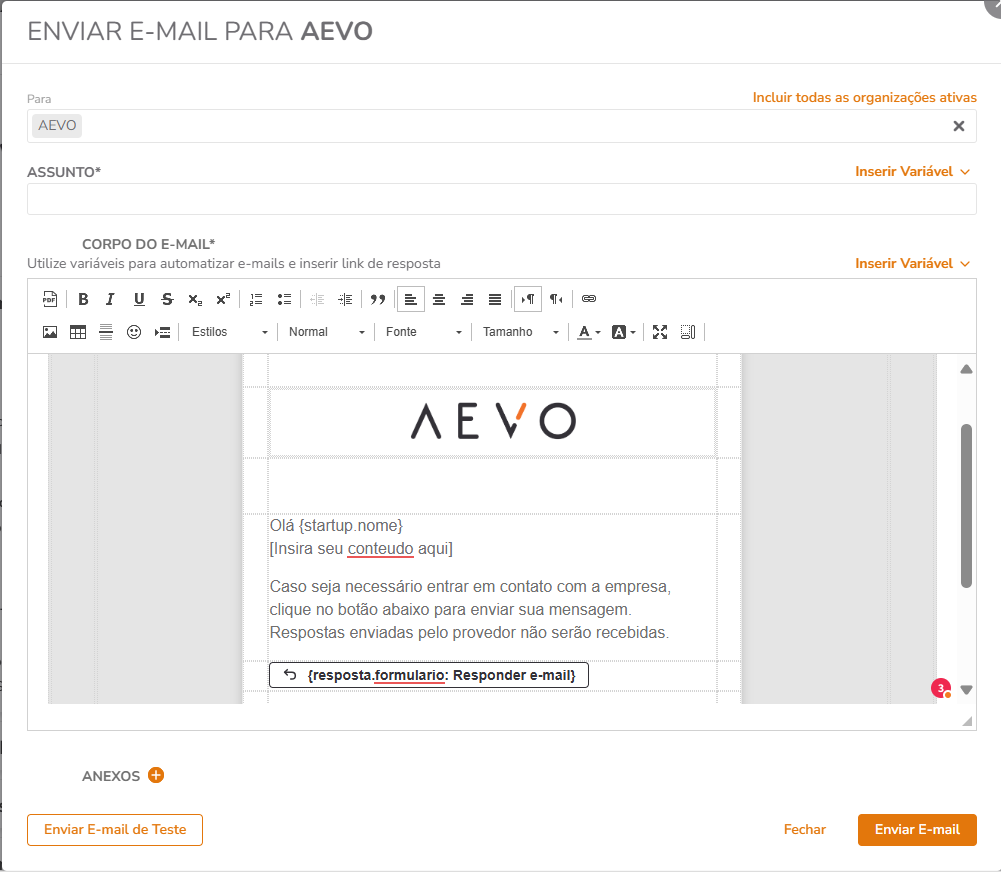 Botões Enviar e Enviar E-mail de teste