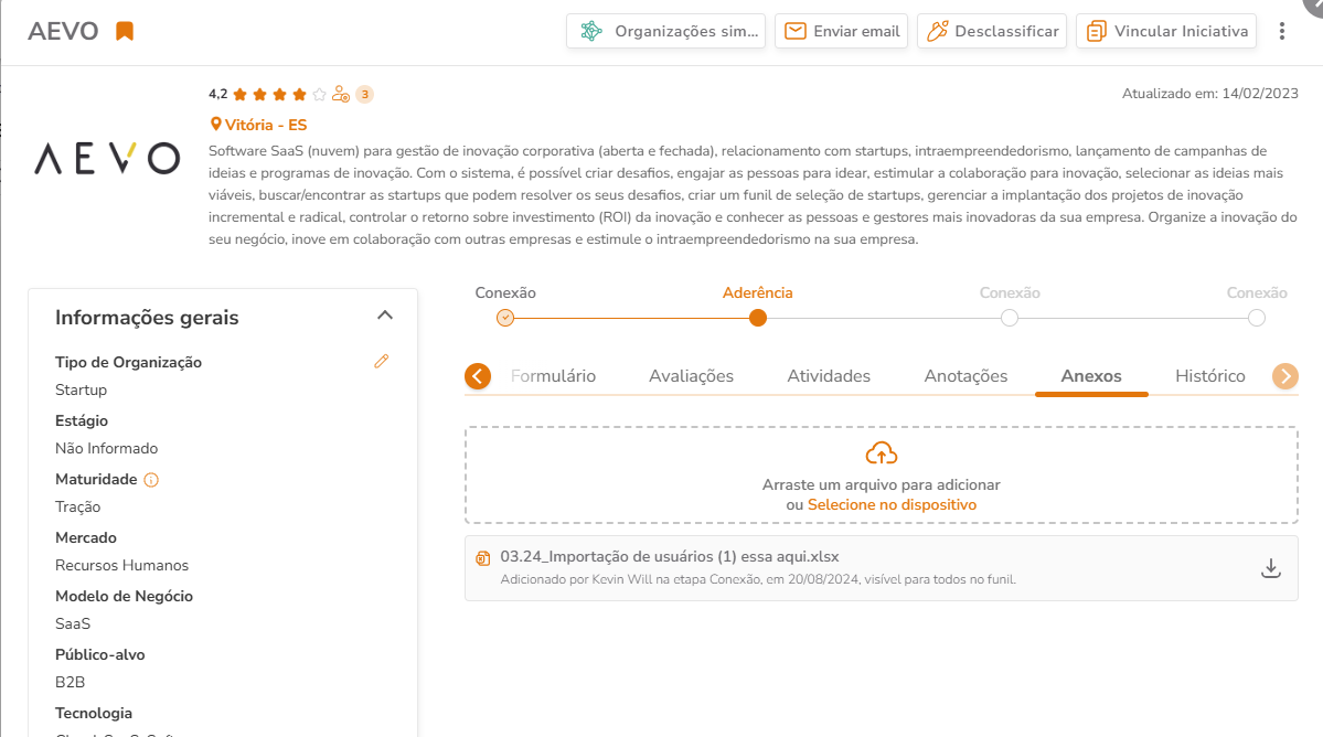 Aba Anexos com arquivos enviados