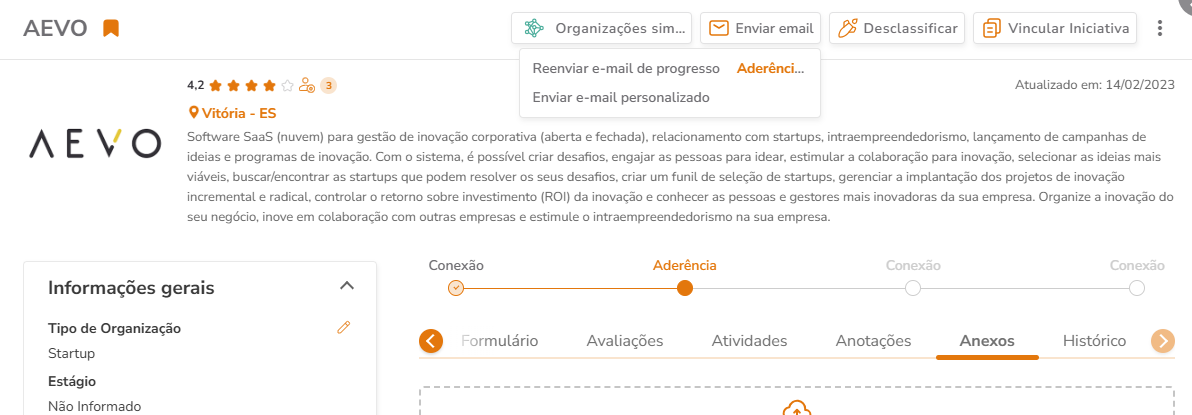 Botão enviar/reenviar e-mail no card da organização