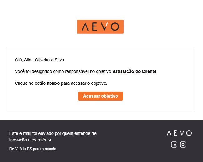 E-mail enviado ao responsável pelo objetivo