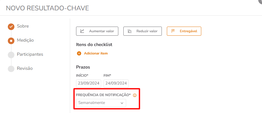 Configuração de frequência de notificação dos resultados-chave