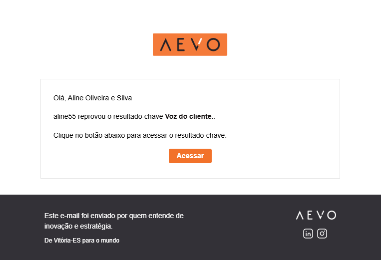 E-mail informando reprovação do resultado-chave