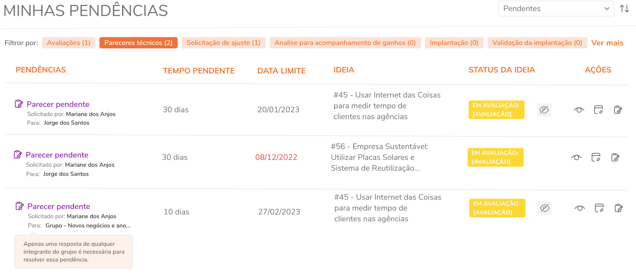 Filtro para pendências de Parecer Técnico