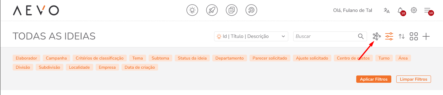 Ícone da IA no canto superior direito da página Todas as Ideias