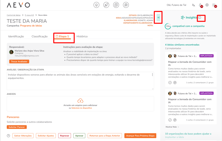 Painel da IA aberto durante a avaliação de uma ideia