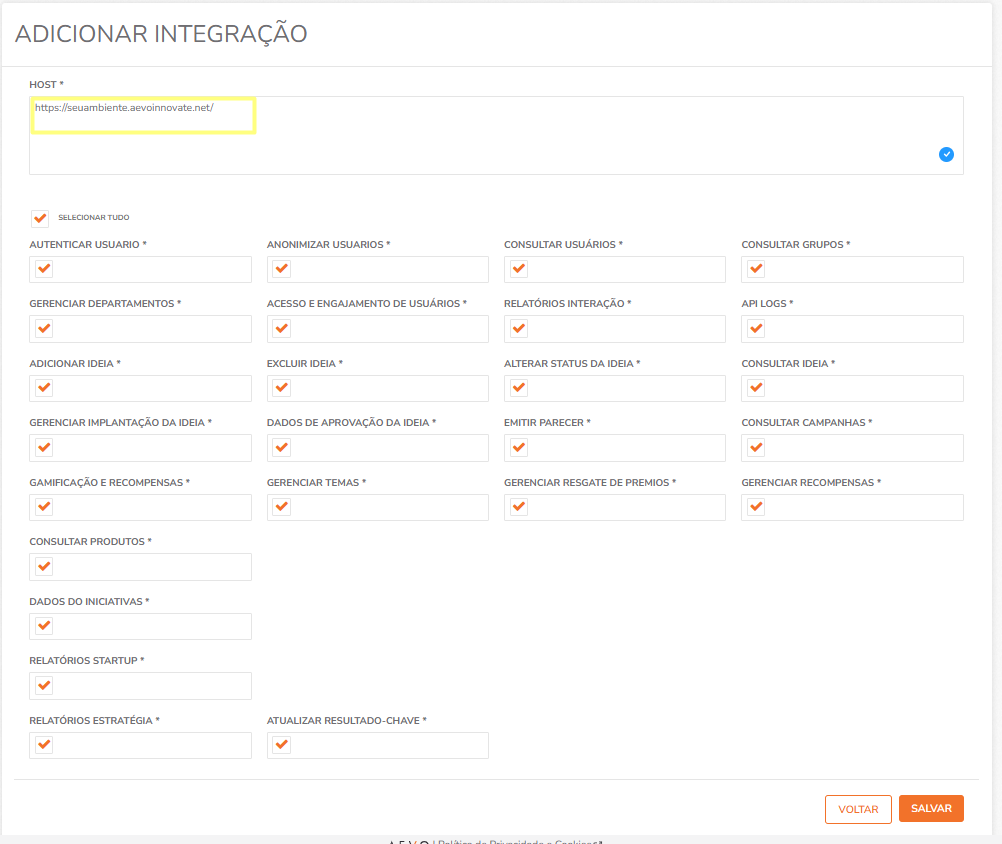 Tela de geração de token com campos HOST e seleção de tags
