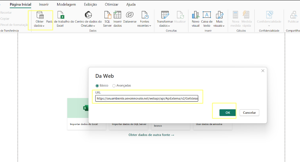 Power BI - Inserir URL do endpoint na opção De Web
