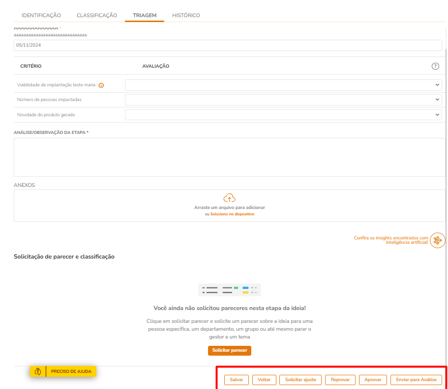 Painel de avaliação com botões de ação