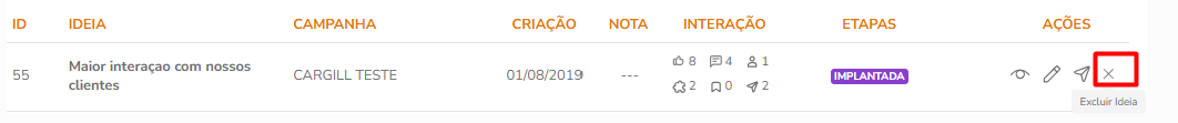 Opção excluir ideia